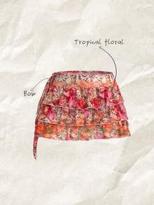 Elavelle 女士夏季时尚沙滩度假热带花卉印花系带腰部荷叶边下摆罩衫裙套装 - 彩色 - 查看 1