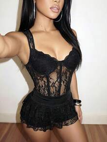 Slaydiva 夏季新品，适合新年、情人节、派对、宴会、约会、生日、学院风、学生装、日常出行、百搭基础款、休闲、邮轮旅行、爆款、优雅浪漫性感派对、性感、方领、蕾丝领口、收腰、黑色蕾丝、透视、紧身连体衣、秋冬连体衣、性感连体衣、女士连体衣 - 黑色 - 查看 6