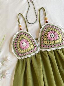 Trelyra Áo hai dây nữ kiểu dáng giản dị, lãng mạn, phong cách Bohemian, màu trơn, đính cườm, dây mảnh, cổ chữ V sâu, viền bèo nhún, hở lưng, thích hợp cho kỳ nghỉ xuân/hè. - Màu xanh Bạc hà - Xem 3