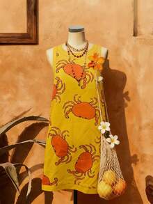 Breezaya Vestido de playa de estilo bohemio con talla grande para primavera/verano, con ribete de color contrastante, estampado aleatorio de motivo de cangrejo, corte holgado sin mangas, falda de línea A - Amarillo - Ver 4