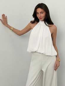 Aloruh Women's Solid Color Pleated Sleeveless Casual Top, Spring/Summer,Summer Top - White - View 3