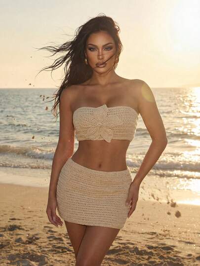 Swim SXY New Solid Color Hand Crocheted Floral Decor Boho Style Beach Vacation Women's Bikini Top For Summer