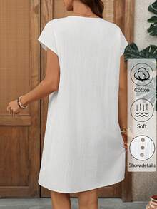 EMERY ROSE 女士纯色纽扣蝙蝠袖休闲短裙沙滩度假装扮 女士度假装扮 女士休闲连衣裙 女士白色连衣裙 女士夏季连衣裙 100%纯棉女士连衣裙 女士沙滩裙 度假装扮 女士休闲连衣裙 - 白色 - 查看 2