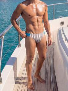 Manfinity Swimmode Quần bơi tam giác kẻ sọc dáng casual dành cho nam - Màu xanh lam - Xem 3