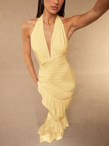 Silquee Women's Elegant Party Ruffle Hem Backless Dress,Summer Dresses For Women - Light Yellow - View 5