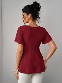 Momance 镂空刺绣褶皱胸前装饰优雅可爱休闲孕妇T恤 - 紅色 - 查看 2