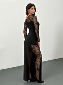 SHEIN Tall Elegant Black Floral Lace Bodycon Long Dress,Autumn Night Out Party Contrast Asymmetric Hem,Long Sleeve Strapless Cocktail Dresses For Women - Black - View 2
