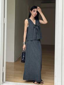 DAZY 女士度假风牛仔连体裤 - 藍色 - 查看 3