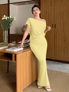 Modelyn 绿色针织褶皱不对称肩部修身两件套 - 黃色 - 查看 4