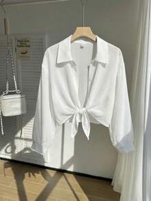 SHEIN 少女纯色轻薄夏季纽扣衬衫，适合秋冬季穿着 - 白色 - 查看 1