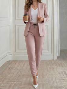 Miaspire Conjunto de 2 piezas de mujer con cárdigan de solapa texturizada y pantalones anchos con cintura elástica y cordón, para otoño/invierno - Rosa vieja - Ver 1