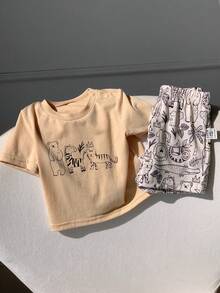 2pcs/Set Baby Boy Casual Simple Round Neck Short-Sleeved Short-Sleeved Two Pieces Set Suitable For Summer - Khaki - View 7