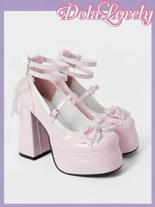 Dola Lovely Giày nữ cao gót màu hồng kiểu Mary Jane mũi kín, chống thấm nước, kiểu Lolita Goth, có nơ, giày JK ngọt ngào - Mặt da màu hồng - Xem 4