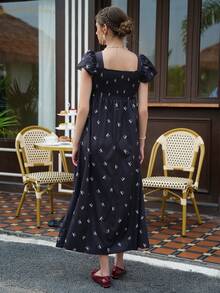 Momance Women's Bow Print Square Neck Dress, Casual Maternity Vacation Dress - Black - View 2