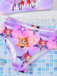 Fashionable Colorful K-POP Girl Group Letter & Star Print, Young Girls Casual Minimalist Fitted Camisole & Bikini Swimsuit Set, Suitable For Summer K-POP, Y2K - Multicolor - View 4
