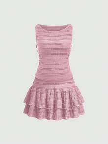 Sweetra Bộ đồ 2 món dành cho nữ cỡ lớn, màu trơn, xếp ly, gồm áo không tay và chân váy ngắn. - Bụi hồng - Xem 3
