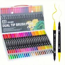 48pcs Dual-Tip Colored Pens Art Marker Set, Suitable For Adult Coloring Books, Christmas Cards, Note-Taking, Sketching, Calligraphy, Journaling - Multicolor - View 1