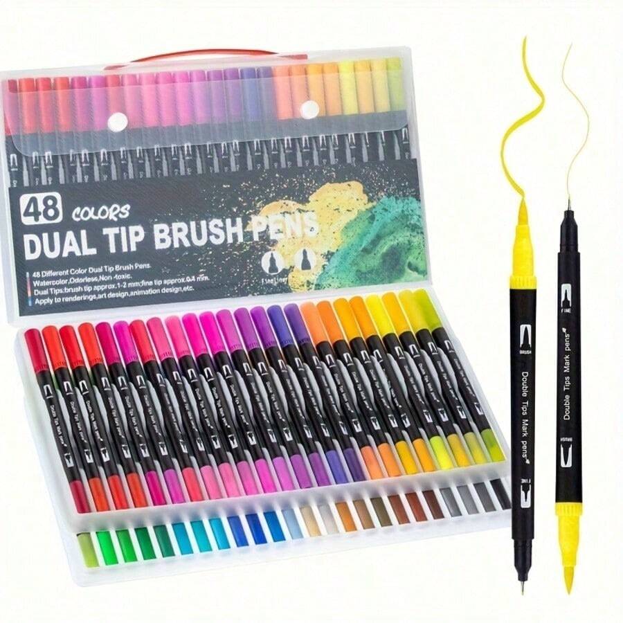 48pcs Dual-Tip Colored Pens Art Marker Set, Suitable For Adult Coloring Books, Christmas Cards, Note-Taking, Sketching, Calligraphy, Journaling - Multicolor - View 1