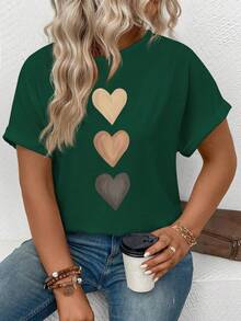 EMERY ROSE Women's Spring/Summer Casual Round Neck Short Sleeve Cuffed Ombre Heart Print Plus Size T-Shirt - Dark Green - View 6