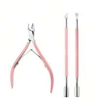 粉色角质层钳套装，不锈钢角质层修剪器，双头角质层推，指甲油凝胶卸甲器，指甲和足部护理工具 - 粉色 - 查看 4