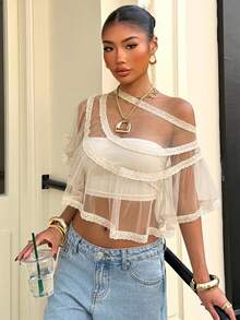 Muchica Women's Solid Color Contrast Lace Sheer Mesh Top - Apricot - View 4