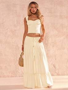 SHEIN Glamour Bộ đồ nữ thanh lịch, gợi cảm gồm áo hai dây màu vàng nhạt và chân váy xếp tầng lãng mạn, thích hợp cho kỳ nghỉ, dạo phố, hẹn hò và du lịch. - Màu be - Xem 6