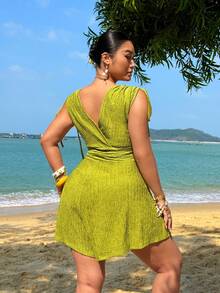 Sunnyshic Bộ jumpsuit gợi cảm cổ chữ V sâu, eo thắt dành cho nữ cỡ lớn, thích hợp cho mùa hè. - màu xanh lá - Xem 2