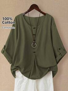 Linhara 女士亚麻不对称下摆长袖衬衫，春夏 - 軍綠色 - 查看 1