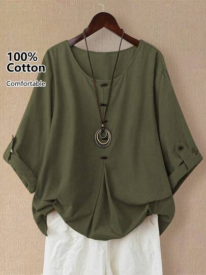 Linhara 女士亚麻不对称下摆长袖衬衫，春夏