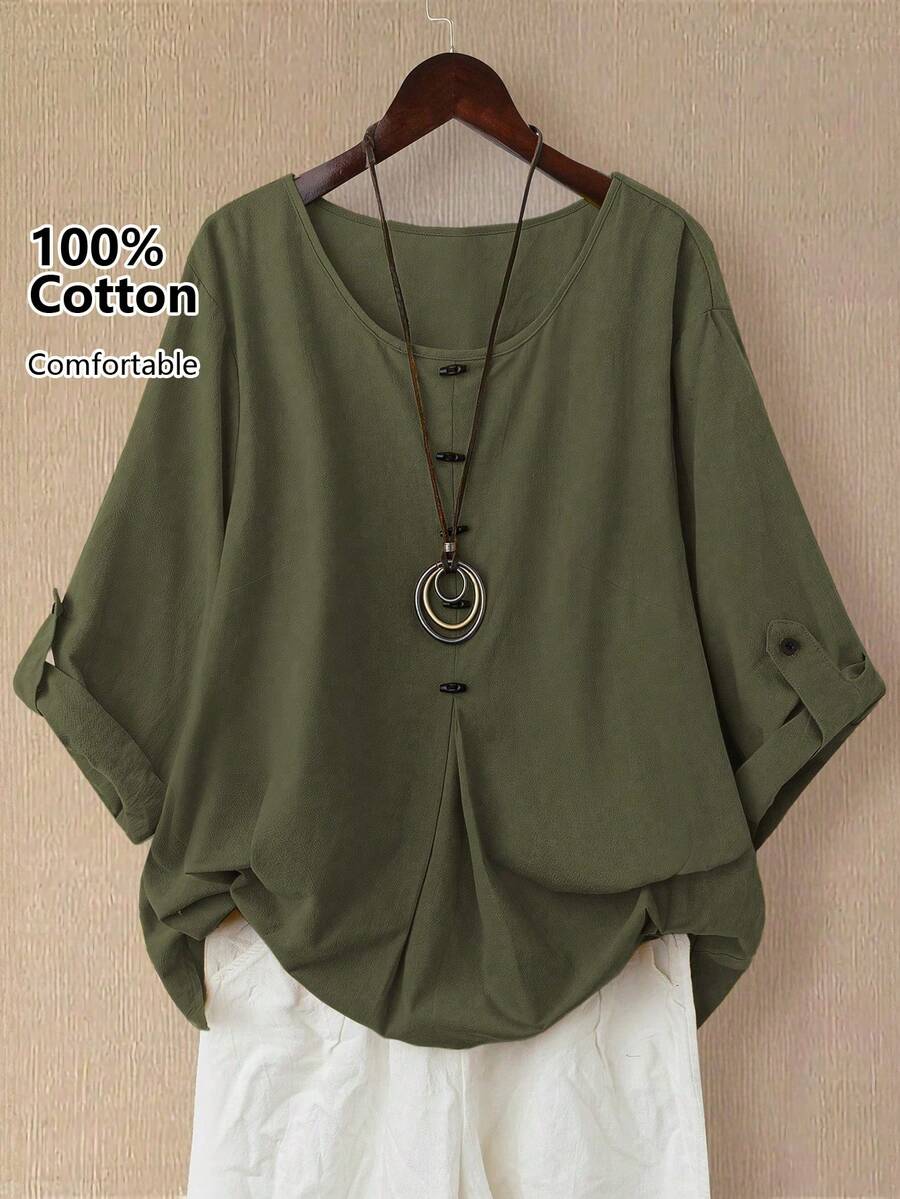 Linhara 女士亚麻不对称下摆长袖衬衫，春夏 - 軍綠色 - 查看 1