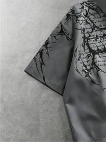 ROMWE MEN 男士标语印花短袖单排扣休闲衬衫 - 灰色 - 查看 4