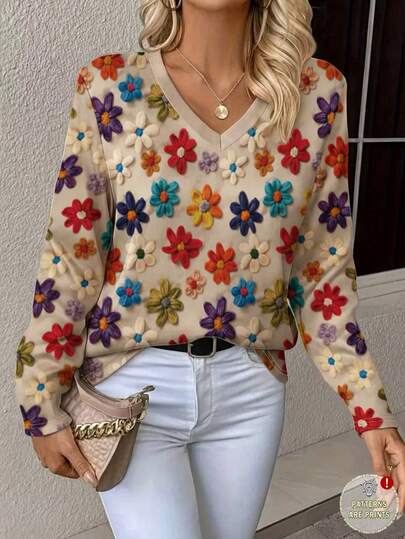 EMERY ROSE Blusa de mujer talla grande con cuello en V, estampado floral, estilo elegante, top casual de verano para exteriores, diseño elegante, versátil para uso diario, al aire libre, compras, viajes