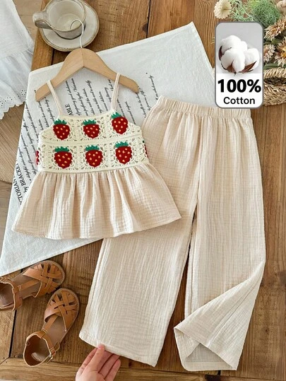 LMoss Kids Bộ đồ 2 món cho bé gái: áo hai dây và quần dài dệt màu trơn.