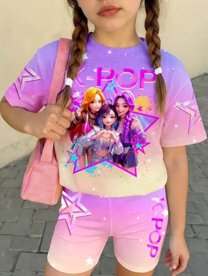 Conjunto de Camiseta Casual com Estampa Degradê de Manga Curta e Decote Redondo para Meninas Pré-Adolescentes