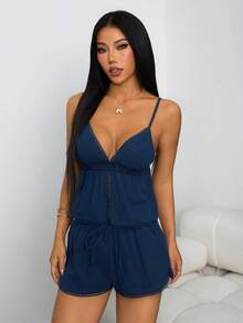 SHEIN PETITE Women's Simple Casual Navy Blue 2 Pieces Set Women's Summer Sets Linen Two Pieces Set - Navy Blue - View 11
