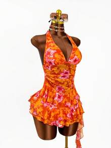Vaytide Nuevo vestido de verano de ajuste ceñido con volantes multicapa y estampado de plantas tropicales semitransparente, vestido de playa sexy con espalda descubierta y ajuste estilizante, conjunto de traje de baño de 2 piezas con shorts para mujer - Multicolor - Ver 6