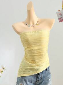 K-Vae Women's Summer Ruched Cinched Waist Ribbed Texture Bandeau Top - Yellow - View 8