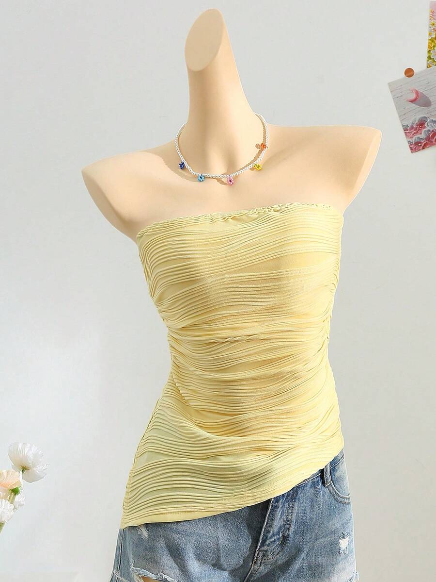 K-Vae Women's Summer Ruched Cinched Waist Ribbed Texture Bandeau Top - Yellow - View 1