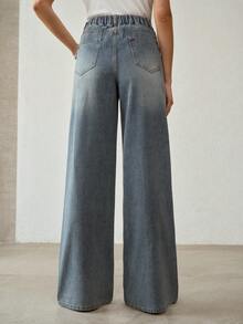 MOTF PREMIUM 新款夏季高腰阔腿水钻装饰蓝色牛仔裤 - 藍色 - 查看 4