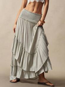 Bohemela Women's Sage Green Summer Boho Beach Holiday Skirt,Bohemian Ruffle Midi Skirt,Convertible Two-Way Strapless Tube Top,Casual Woven Streetwear Festival - Green - View 5