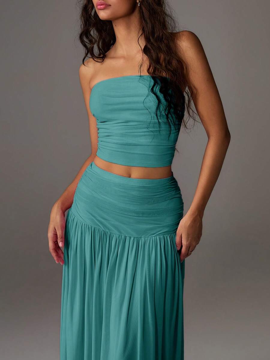 SHEIN PETITE Women's Mesh Solid Color Bandeau Top And Maxi Skirt 2 Pieces Set - Cadet Blue - View 1