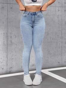 SHEIN Tall Women's Washed Skinny Jeans With Pockets - Blue - View 6