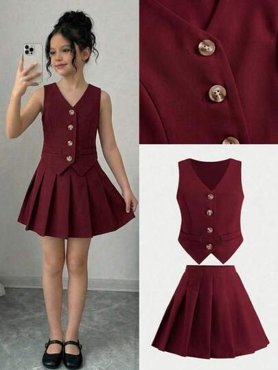 少女优雅V领无袖上衣和百褶裙套装