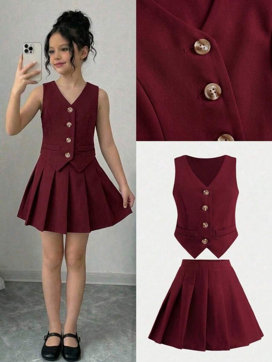 少女优雅V领无袖上衣和百褶裙套装 - 酒紅色 - 查看 1
