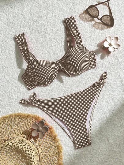 Swim Mod 2pcs Women's Plaid Wide Strap Casual Beach Bikini Swimsuit, Summer Women's 2 Pieces Swimsuit Women's Bikini Set Gingham Bikini Brown And White Bikini Bikinis For Women Sets Bikini Swimsuit Set Women's Bikini Sets Bikinis Set For Women Women Swim Suit Set Gingham Bikini Set