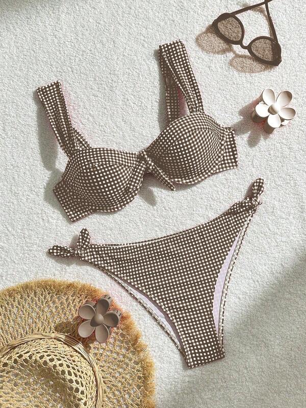 Swim Mod 2 piezas Bikini de playa casual de mujer con tirantes anchos a cuadros, verano