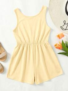 SHEIN Romper Longgar Kasual Warna Kuning untuk Anak Perempuan Remaja, Cocok untuk Pemakaian Sehari-hari, Liburan, dan Pantai - Kuning - View 2