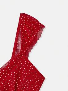lacRébo Áo croptop dệt kim chấm bi đỏ với cổ áo hình trái tim và chi tiết ren, kiểu dáng dễ thương mùa xuân hè, phong cách Pháp, Paris. - Đỏ - Xem 8