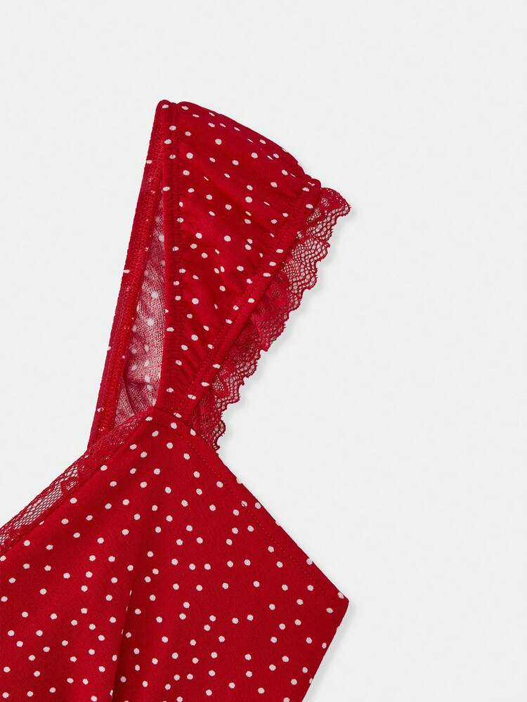 Red Polka-Dot Knit Crop Top With A Sweetheart Neckline And Lace Details Cute Spring Summer Vacation Top French Style Parisian Style