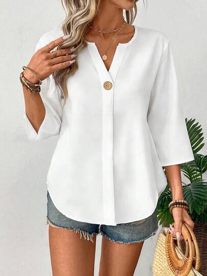 EMERY ROSE Blusa de manga corta con cuello en V minimalista para mujer de talla grande, camisa blanca de mujer de talla grande, blusas inteligentes para damas, camisas de mujer para el verano, blusas para mujer casuales, blusas de negocios casuales modernas para mujer, últimas blusas para mujer